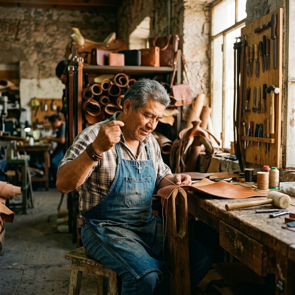 Artesano trabajando piel en el Bajío